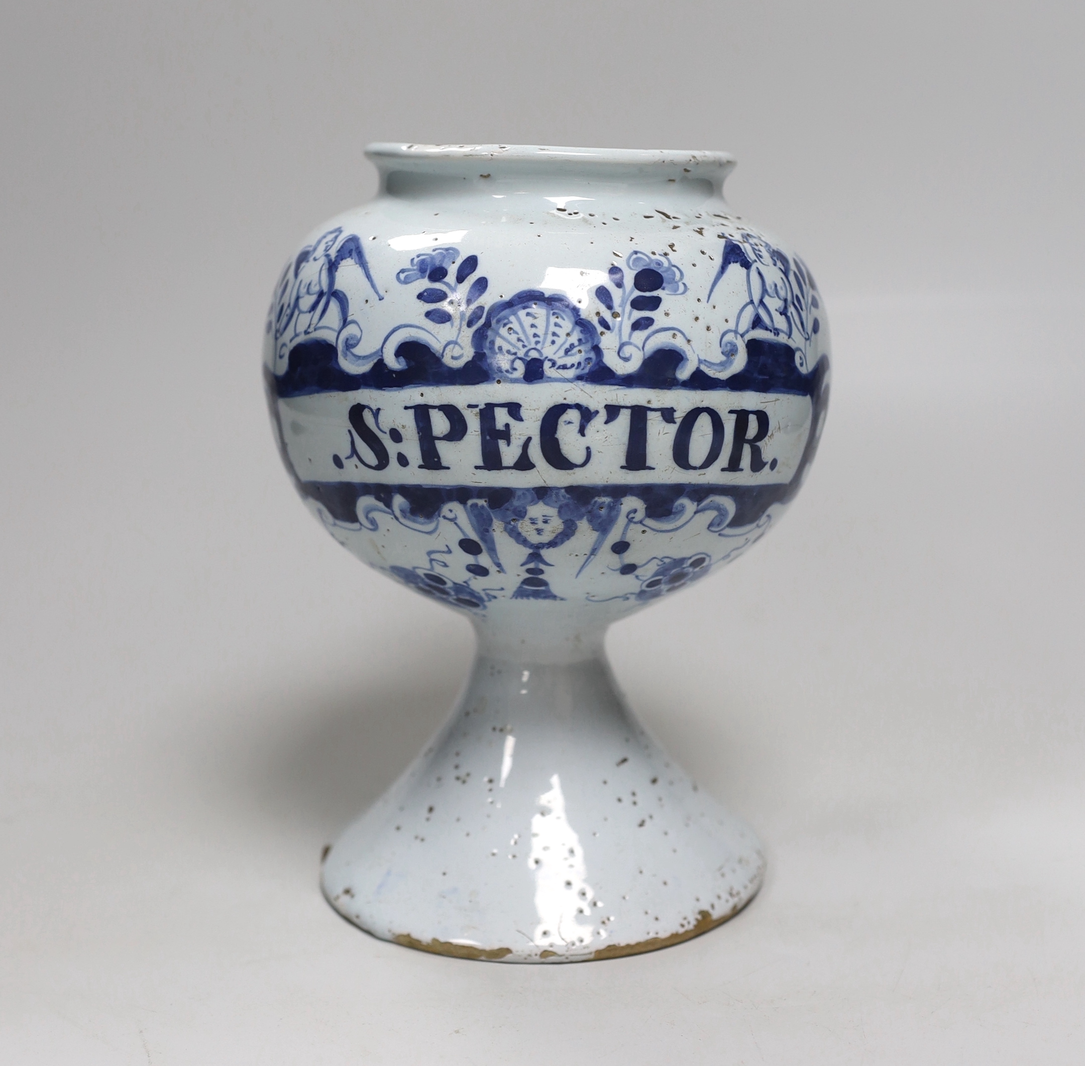 An 18th century English delftware wet drug jar titled S:PECTOR, 20cm high